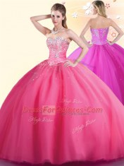 Ball Gowns Ball Gown Prom Dress Hot Pink Sweetheart Tulle Sleeveless Floor Length Lace Up