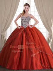 Three Piece Rust Red Lace Up Sweetheart Beading Sweet 16 Dress Tulle Sleeveless Brush Train