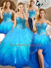 Classical Four Piece Sequins Ball Gowns 15th Birthday Dress Multi-color Sweetheart Tulle Sleeveless Floor Length Lace Up