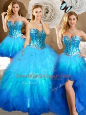 Classical Four Piece Sequins Ball Gowns 15th Birthday Dress Multi-color Sweetheart Tulle Sleeveless Floor Length Lace Up