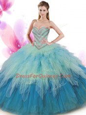 Sleeveless Floor Length Beading and Ruffles Lace Up Quinceanera Gown with Multi-color