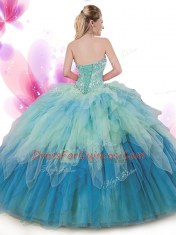 Sleeveless Floor Length Beading and Ruffles Lace Up Quinceanera Gown with Multi-color
