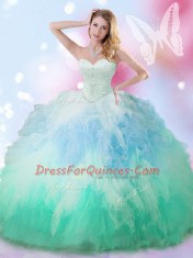 Latest Multi-color Ball Gowns Tulle Sweetheart Sleeveless Beading and Ruffles Floor Length Lace Up Quinceanera Gowns