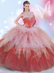 Multi-color Zipper High-neck Beading and Ruffles Quinceanera Gown Tulle Sleeveless