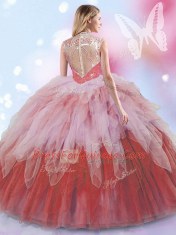 Multi-color Zipper High-neck Beading and Ruffles Quinceanera Gown Tulle Sleeveless