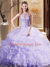 Dynamic Scoop Sleeveless Organza Sweet 16 Dresses Beading and Ruffles and Pick Ups Brush Train Lace Up