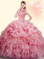 Watermelon Red Ball Gowns High-neck Sleeveless Organza Brush Train Backless Beading and Ruffles and Pick Ups Vestidos de Quinceanera