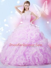 Exquisite Lilac Ball Gown Prom Dress Military Ball and Sweet 16 and Quinceanera and For with Beading and Ruffles and Pick Ups High-neck Sleeveless Lace Up