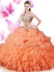 Hot Pink Ball Gowns Organza Sweetheart Sleeveless Beading and Ruffles and Pick Ups Floor Length Lace Up Quince Ball Gowns