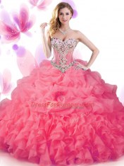 Hot Pink Ball Gowns Organza Sweetheart Sleeveless Beading and Ruffles and Pick Ups Floor Length Lace Up Quince Ball Gowns