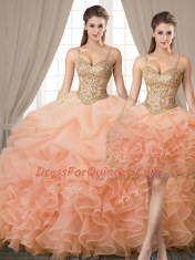 Captivating Three Piece Peach Organza Lace Up Spaghetti Straps Sleeveless Floor Length Quinceanera Dress Beading and Ruffles and Pick Ups