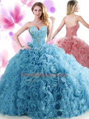 Elegant Blue Ball Gown Prom Dress Organza Brush Train Sleeveless Beading and Ruffles