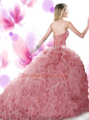Elegant Blue Ball Gown Prom Dress Organza Brush Train Sleeveless Beading and Ruffles