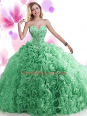Elegant Blue Ball Gown Prom Dress Organza Brush Train Sleeveless Beading and Ruffles