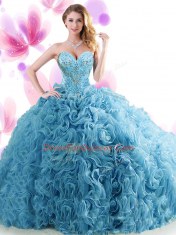 Elegant Blue Ball Gown Prom Dress Organza Brush Train Sleeveless Beading and Ruffles