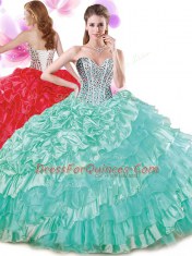 Floor Length Lace Up Sweet 16 Dresses Turquoise for Military Ball and Sweet 16 and Quinceanera with Beading and Ruffled Layers and Pick Ups