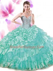 Floor Length Lace Up Sweet 16 Dresses Turquoise for Military Ball and Sweet 16 and Quinceanera with Beading and Ruffled Layers and Pick Ups