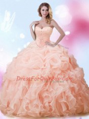 Peach Vestidos de Quinceanera Military Ball and Sweet 16 and Quinceanera and For with Beading and Ruffles and Pick Ups Sweetheart Sleeveless Brush Train Lace Up