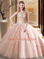 Peach Scoop Lace Up Beading Quince Ball Gowns Brush Train Sleeveless
