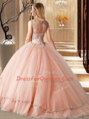 Peach Scoop Lace Up Beading Quince Ball Gowns Brush Train Sleeveless