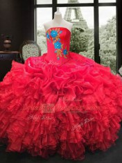 Extravagant Organza Strapless Sleeveless Lace Up Embroidery and Ruffles 15th Birthday Dress in Red