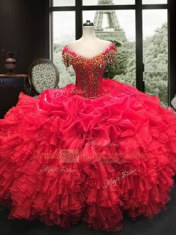 Most Popular Beading and Ruffles Quinceanera Dress Red Lace Up Cap Sleeves Floor Length