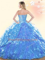 Sweetheart Sleeveless Quinceanera Dresses Floor Length Beading and Ruffles and Pick Ups Rose Pink Organza