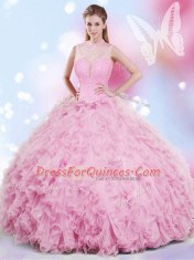 Custom Designed Halter Top Rose Pink Sleeveless Beading and Ruffles Floor Length Vestidos de Quinceanera