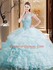 Smart Scoop Light Blue Sleeveless Brush Train Beading and Ruffles and Pick Ups Sweet 16 Quinceanera Dress