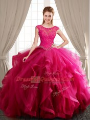Hot Pink Sweet 16 Dresses Military Ball and Sweet 16 and Quinceanera and For with Beading and Appliques and Ruffles Scoop Cap Sleeves Brush Train Lace Up