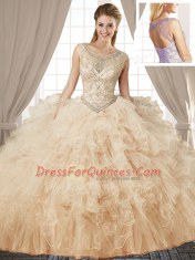 Sexy Scoop Champagne Ball Gowns Beading and Ruffles Vestidos de Quinceanera Lace Up Tulle Sleeveless Floor Length