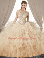 Sexy Scoop Champagne Ball Gowns Beading and Ruffles Vestidos de Quinceanera Lace Up Tulle Sleeveless Floor Length