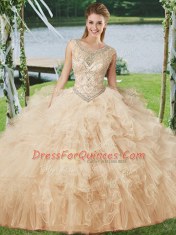 Sexy Scoop Champagne Ball Gowns Beading and Ruffles Vestidos de Quinceanera Lace Up Tulle Sleeveless Floor Length