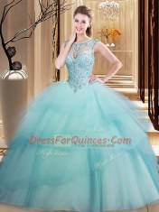 Ruffled Scoop Sleeveless Brush Train Lace Up Quinceanera Dress Light Blue Tulle