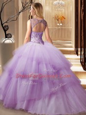 Ruffled Scoop Sleeveless Brush Train Lace Up Quinceanera Dress Light Blue Tulle