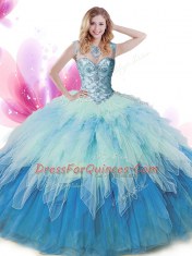 Custom Design Multi-color Zipper Scoop Beading and Ruffles Quinceanera Dresses Tulle Sleeveless
