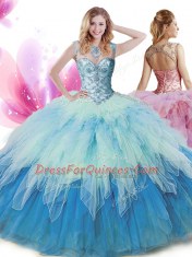 Custom Design Multi-color Zipper Scoop Beading and Ruffles Quinceanera Dresses Tulle Sleeveless