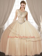 Discount Scoop Beading Ball Gown Prom Dress Champagne Lace Up Sleeveless Floor Length
