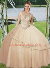 Discount Scoop Beading Ball Gown Prom Dress Champagne Lace Up Sleeveless Floor Length