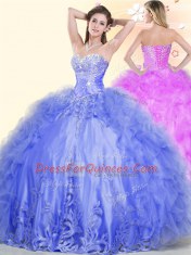 Excellent Blue Tulle Lace Up Quince Ball Gowns Sleeveless Floor Length Beading and Ruffles