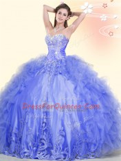 Excellent Blue Tulle Lace Up Quince Ball Gowns Sleeveless Floor Length Beading and Ruffles