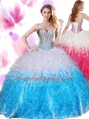 Designer Sweetheart Sleeveless Lace Up Quinceanera Gowns Blue And White Organza