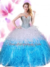 Designer Sweetheart Sleeveless Lace Up Quinceanera Gowns Blue And White Organza