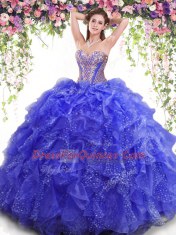 Cheap Blue Sleeveless Beading and Ruffles Floor Length Ball Gown Prom Dress