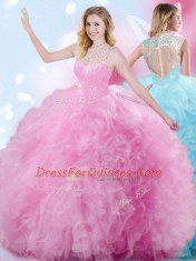 Pretty High-neck Sleeveless Tulle Quinceanera Gowns Beading and Ruffles and Pick Ups Zipper