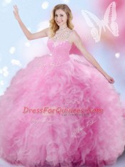 Pretty High-neck Sleeveless Tulle Quinceanera Gowns Beading and Ruffles and Pick Ups Zipper