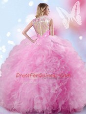 Pretty High-neck Sleeveless Tulle Quinceanera Gowns Beading and Ruffles and Pick Ups Zipper
