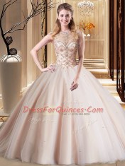 Stylish Scoop Peach Sweet 16 Dress Tulle Brush Train Sleeveless Beading