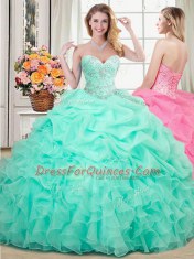 Four Piece Apple Green Organza Lace Up Sweetheart Sleeveless Floor Length Quince Ball Gowns Beading and Ruffles and Pick Ups