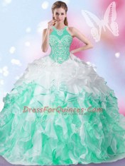 Fitting Halter Top Sleeveless Lace Up Floor Length Beading and Ruffles and Pick Ups Sweet 16 Quinceanera Dress